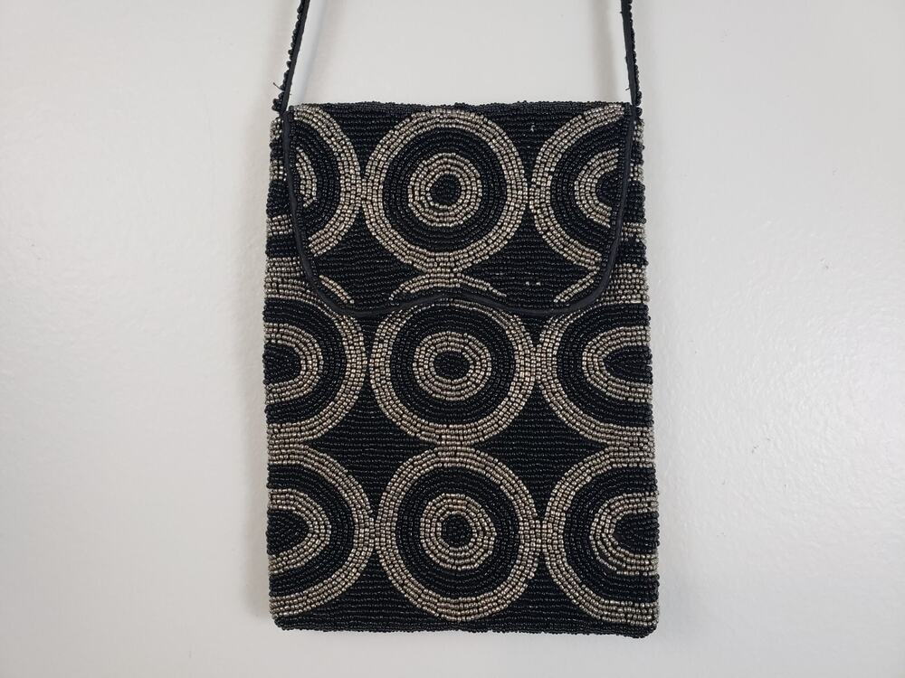 Vintage Beaded Cross Body Purse Handbag Black Silver Evening Cocktail Boho